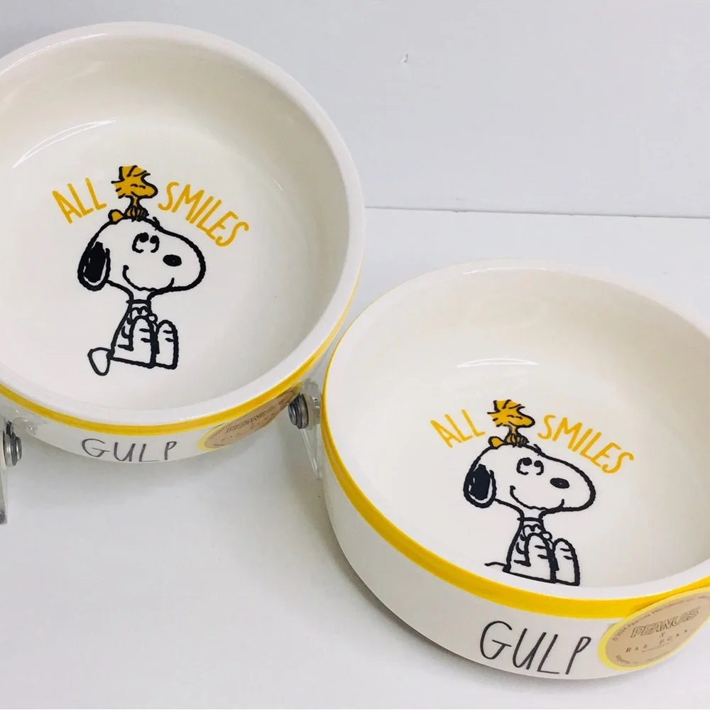 2 Rae Dunn Peanuts Snoopy GULP Woodstock Chow Dog Cat Dish Bowl Ceramic 5” New